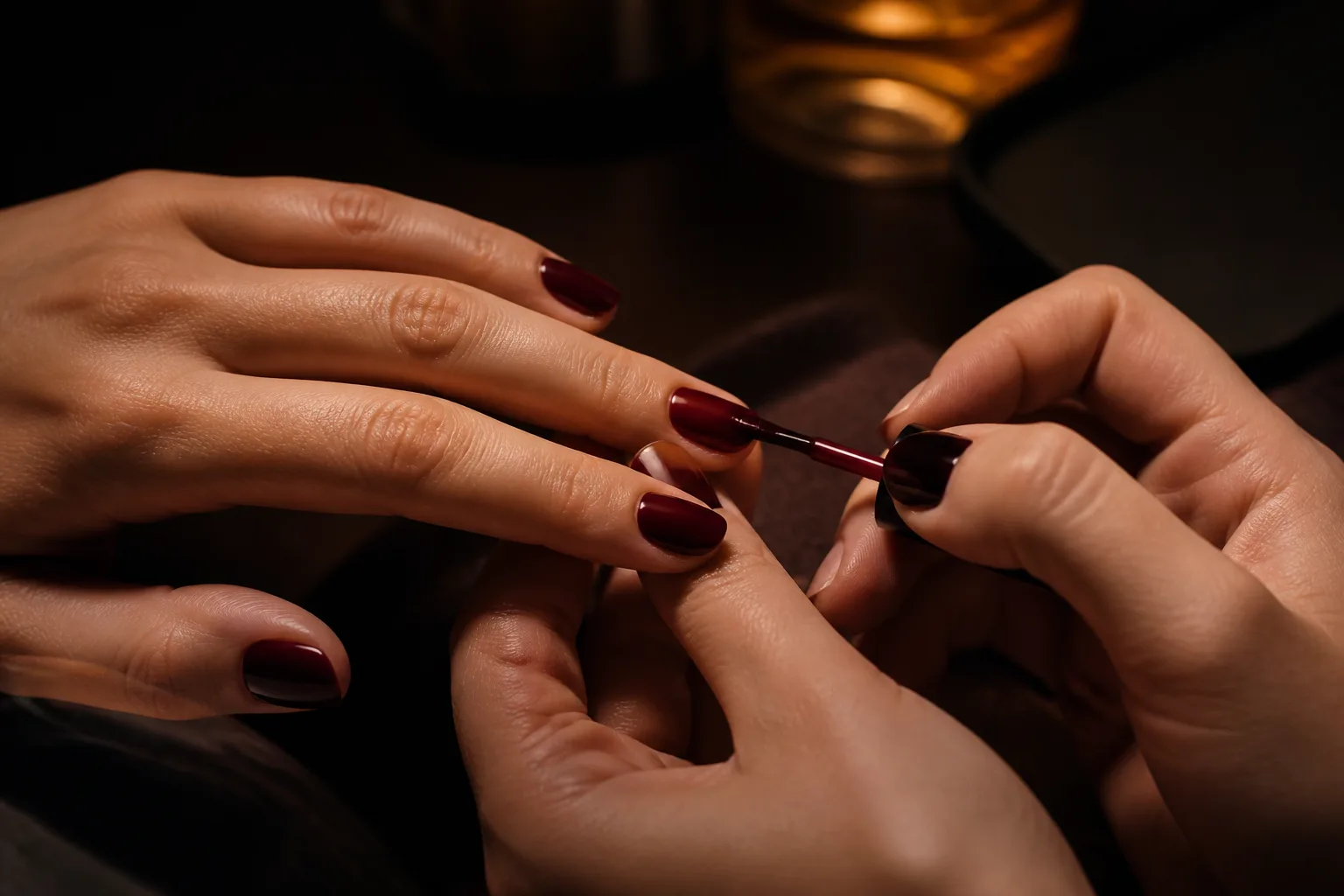 A precise deep-red manicure being applied