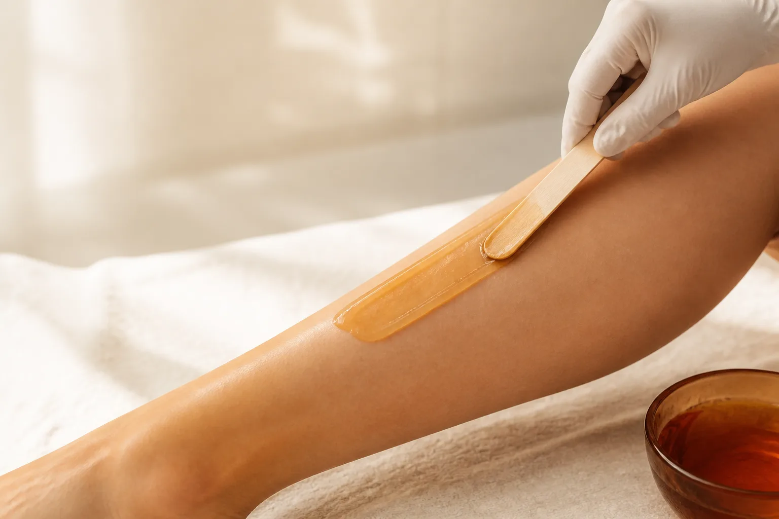 Warm wax being applied professionally to a lower leg
